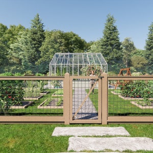 May include: A wooden fence with a gate leading into a garden with a greenhouse in the background. The garden is divided into square plots with plants growing in them.