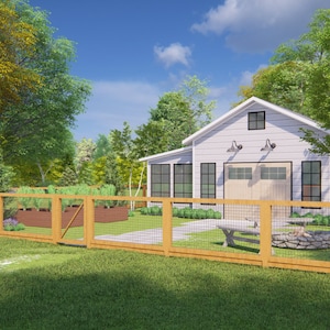 Op de afbeelding: Een wit boerderijhuis in landelijke stijl met een houten hek en een kleine tuin. Het gebouw heeft een garagedeur en grote ramen. Er zijn twee houten banken en een vuurplaats in de tuin.
