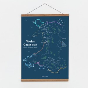 May include: A blue poster featuring a map of the Wales Coast Path. The map shows the path in light blue and highlights different sections in other colours. The text "Wales Coast Path" and "Welsh Challenge Series" is printed on the poster.