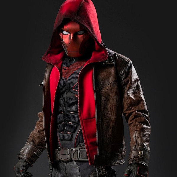 Jason Todd / Chaqueta de cuero con capucha roja para hombre Chaqueta para disfraz de Halloween