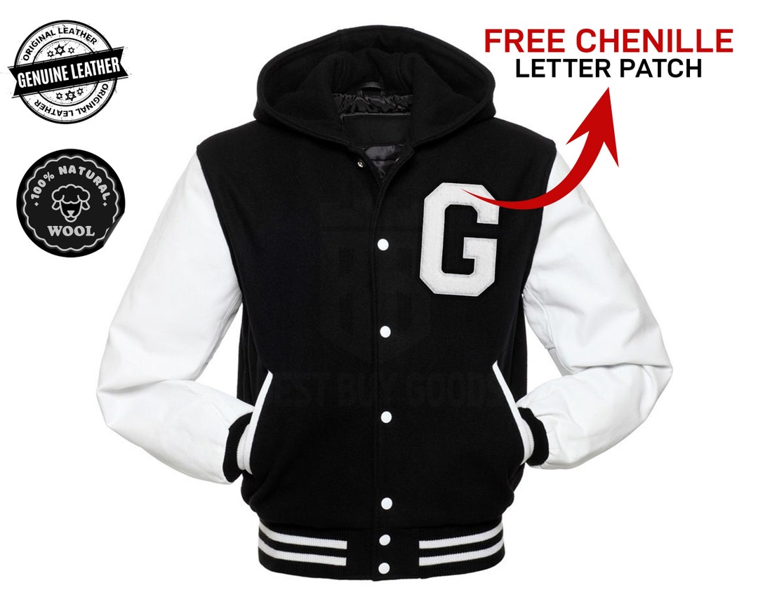 Black and White Baseball Jacket Mens Hooded Varsity Jacket High School Women Black and White