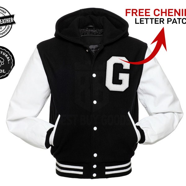 Schwarz und Weiß Varsity Jacke Herren Kapuze Varsity Jacke Abitur Damen Schwarz und Weiß Varsity Letterman