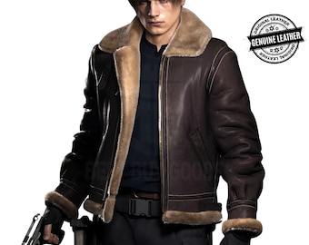 Resident Evil 4 Remake Leon Kennedy Brown Leather Jacket, RE 4 Fur Leather Jacket Cosplay Game Jacket Halloween Jacket