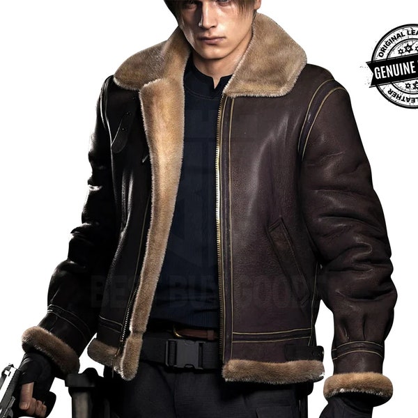 Resident Evil 4 Remake Leon Kennedy Brown Leather Jacket, RE 4 Fur Leather Jacket Cosplay Game Jacket Halloween Jacket