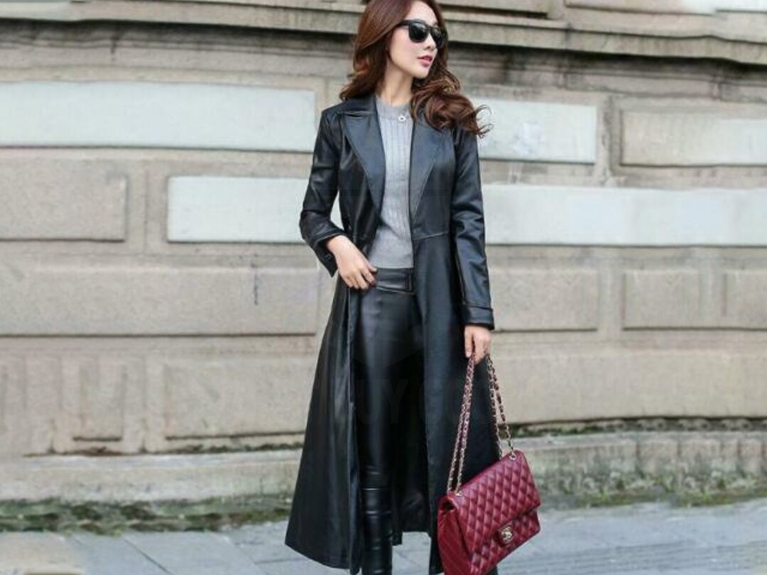 Women's Real Leather Long Trench Coat - Gabbie Black Full Length Nappa Leather