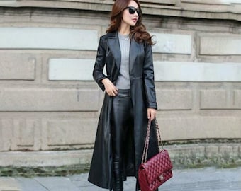 Women Black Leather Long Coat Genuine Leather Trench Coat Real Cowhide Leather Long Trench Coat Ladies Personalized Gift