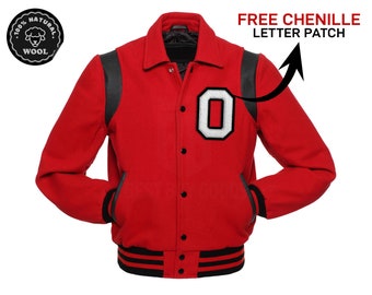 Red Wool Letterman College Baseball Varsity Collared Jackets Black & Red Rib