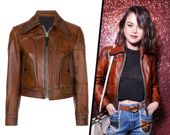 Selena Gomez Jacket Celebrity Cosplay Brown Leather Waxed Jacket