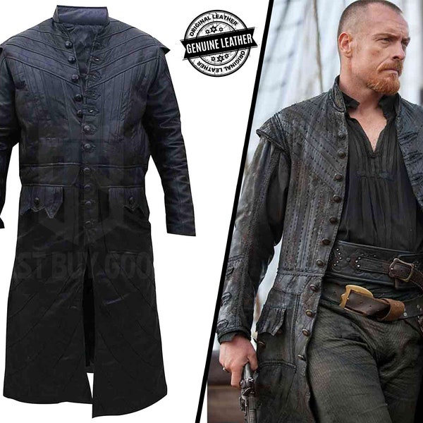 Kapitän Flint Ledermantel | Toby Stephens Black Sails S3 Kapitän Flint Schwarz Leder Trenchcoat