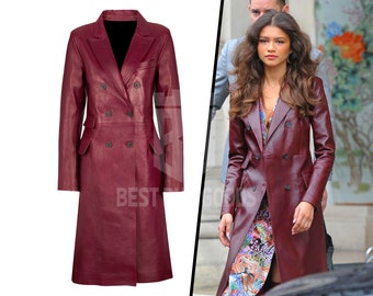 Zendaya Maroon Leather Trench Coat, Celebrity Fashion Event Outfits