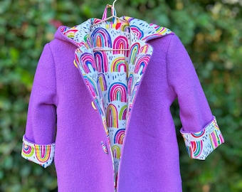 Children’s Wool Coat / Kids Wool Jacket. Purple Rainbows – Size 2. Handmade with Repurposed Vintage Australian Wool Blankets.
