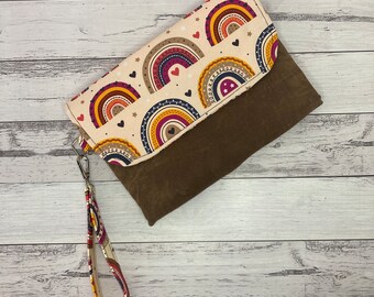 Nappy Wallet / Nappy Clutch / Nappy Bag - Rainbows with Waxed Canvas. Great baby shower present!