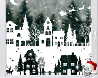 Tall Christmas Village Window Sticker - Winter Village Houses Window Decoration Cling Decals by Dizzy Duck