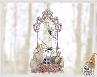 Gothic Halloween Window Sticker - Candles with Mirror Spider Webs and Roses - Classy Seasonal Autumn Window Decals by Dizzy Duck