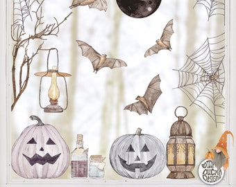 Halloween Window Clings - Spiders Web Bats Pumpkins Lanterns Window Stickers - Classy Fall Décor by Dizzy Duck