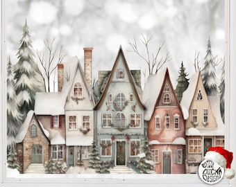 Cosy Christmas Village Window Decal - Watercolour Xmas Town Houses Window Cling - Reusable Seasonal Window Stickers by Dizzy Duck