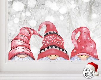 3 Christmas Gnome Window Cling Decal - Red Peeping Gonk Stickers by Dizzy Duck