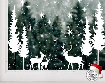 Stag Deer Forest Christmas Scene Window Stickers - Dizzy Duck Designs Window Cling Decals
