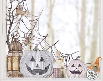 2pk Halloween Window Clings - Spiders Web Pumpkin Lantern Spooky Season Décor Stickers - Classy Autumn Fall Window Decals by Dizzy Duck