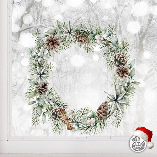 Christmas Window Decal - Pine Cone Wreath Xmas Window Decoration Sticker by Dizzy Duck