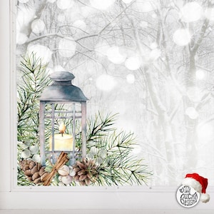 2x Reusable Double Sided Christmas Window Decoration Clings - Pine Lantern Winter Decal - Xmas Window Sticker by Dizzy Duck