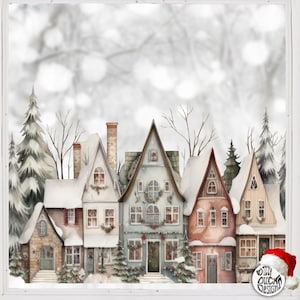 Decalcomania per finestra accogliente villaggio di Natale - Decorazioni per finestre con case di città di Natale in acquerello - Adesivi per finestre stagionali riutilizzabili di Dizzy Duck