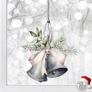 Christmas Window Cling - Vintage Bells Bow Decal Winter Window Sticker Decoration by Dizzy Duck