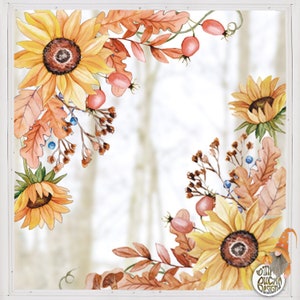 2pk Fall Window Stickers  - Autumn Flower Décor - Classy Halloween Window Clings - Fall Sunflower Autumn Leaves Window Decals by Dizzy Duck