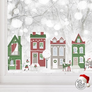 Christmas Village Window Sticker Set - Winter City Town Street Scene Xmas Window Decals by Dizzy Duck