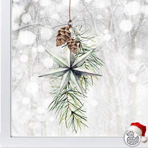 Christmas Window Sticker - Watercolour Star Pine Cone Decal - Window Cling by Dizzy Duck