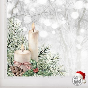 2x Christmas Window Decals - Reusable Double Sided Pine Candle Corner Xmas Window Cling Sticker Decoration by Dizzy Duck