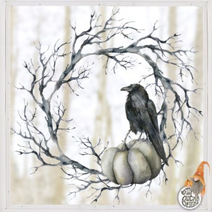 Raven Crow Pumpkin Halloween Window Sticker Wreath - Classy Large Home and Shop Window Decal Clings by Dizzy Duck