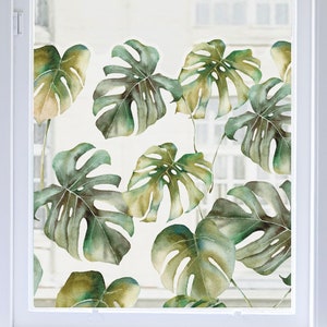 Dizzy Duck Tropical Window Film - Clear Privacy Window Border - Green Monstera Leaf Sticker Decal