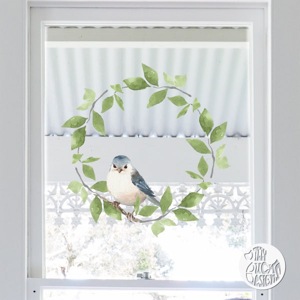 Wreath Blue Bird Window Decal | Reusable Dizzy Duck Non Sticky Cling | Leaves Bird Window Sticker