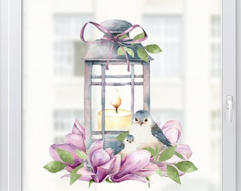 Spring Flower Pink Magnolia Lantern Window Decal Sticker - Dizzy Duck Reusable Decorative Window Clings