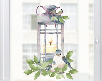 Spring Blue Bird Leaves Lantern Window Decal Sticker - Dizzy Duck Herbruikbare decoratieve raamkleeft