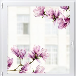 Paquete de 2 pegatinas decorativas para ventana con diseño de magnolia rosa de Dizzy Duck: calcomanías florales reutilizables para ventana para primavera y verano