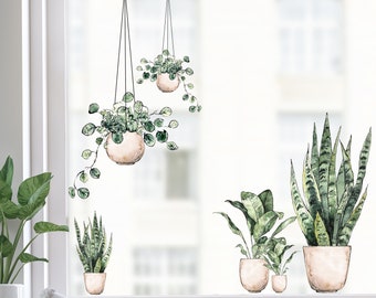5x Boho Fensteraufkleber - wiederverwendbare schwindelerregende Ente Aquarell hängende Pflanze Fensteraufkleber