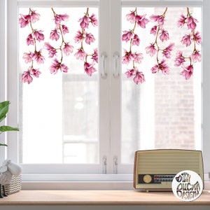 6 x Pink Magnolia Flower Window Decal Trails | Reusable Dizzy Duck Non Sticky Cling | Floral Window Sticker