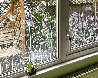 Dizzy Duck Fensteraufkleber - Weiße Blume Klare Fensterfolie - Frühling Schmetterlinge und Blumenwiese Fenster Sichtschutz - Wiederverwendbare Antihaft Fensterfolie