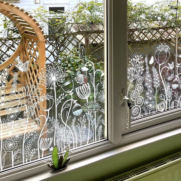 Película transparente para ventana con borde de flores blancas de Dizzy Duck - Fácil de aplicar y no pegajosa