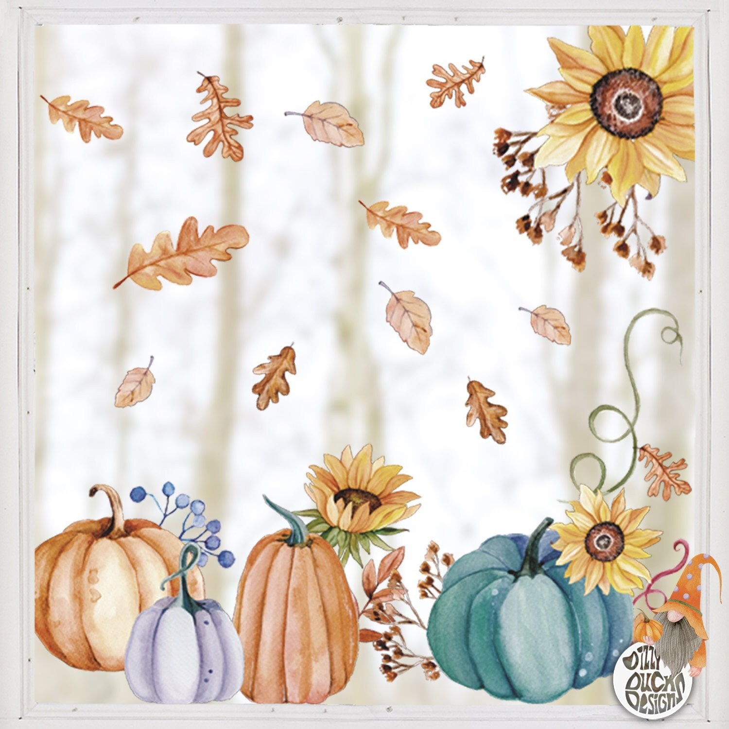 Pumpkin Window Decal Set - Sunflower Fall Flower Window Décor - Autumn Leaves Window Stickers - Classy Halloween Windows by Dizzy Duck
