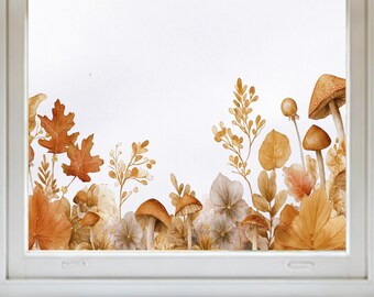 Herfst oranje aquarel blad en paddenstoel raamsticker | Moeiteloze seizoensdecoratie