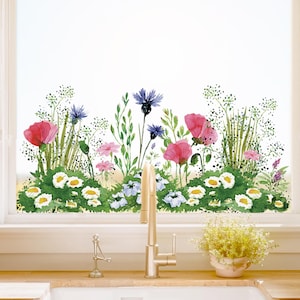 Dizzy Duck Watercolour Spring Pink Blue Floral Meadow Window Decal - Reusable Cling Vinyl
