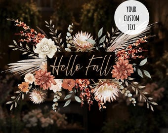 Herfst Boho Hallo Herfst Raamsticker met gepersonaliseerde quote | Moeiteloze herfstdecoratie