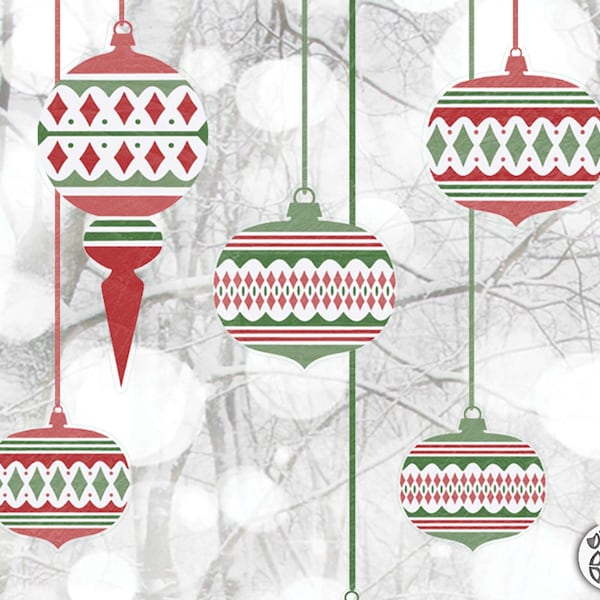 10 Boho Christmas Window Bauble Stickers - Red and Green Moroccan Xmas Decorations Window Decals by Dizzy Duck