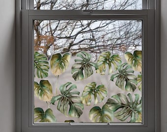 Pellicola per finestra con bordo adesivo per la privacy Dizzy Duck Green Monstera Leaf