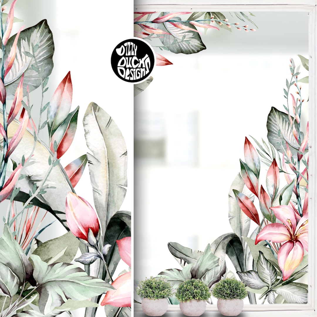 2x Tropical Leaves Window Decal Corners - Green Leaves Corner Window ...