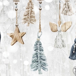 Könnte beinhalten: Ein Set aus sieben Aquarell-Illustrationen verschiedener Weihnachtsornamente, darunter ein Stern, eine Feder, ein Baum, ein Engel und drei Quasten. Die Ornamente hängen alle an Schnüren und sind vor einem weißen Hintergrund mit einem dezenten Schneeeffekt platziert.