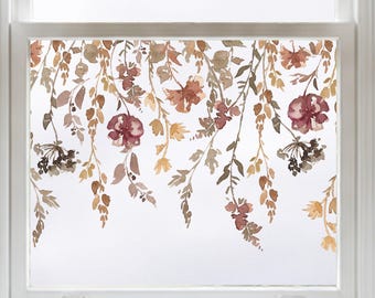 Raamsticker met herfstmotief van roze bloemen en groene bladeren | Ideaal voor woningen en bedrijven